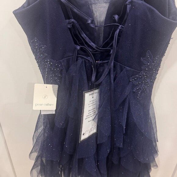 Pear Culture Navy Blue Beaded Tulle Mini Dress Size 0 with Ruffled Skirt & Adjus - Picture 4 of 8